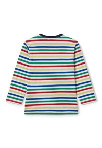 Košile s dlouhým rukávem, zdobená horizontálními pruhy v červené, zelené, modré, žluté a bílé barvě na světlém pozadí. Námořnický výstřih. Bavlněný materiál.