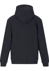 Schwarzer Hoodie aus strukturiertem Stoff, mit einer großen Kapuze, langen Ärmeln, gerippten Bündchen und Saum sowie einem schlichten Design.
