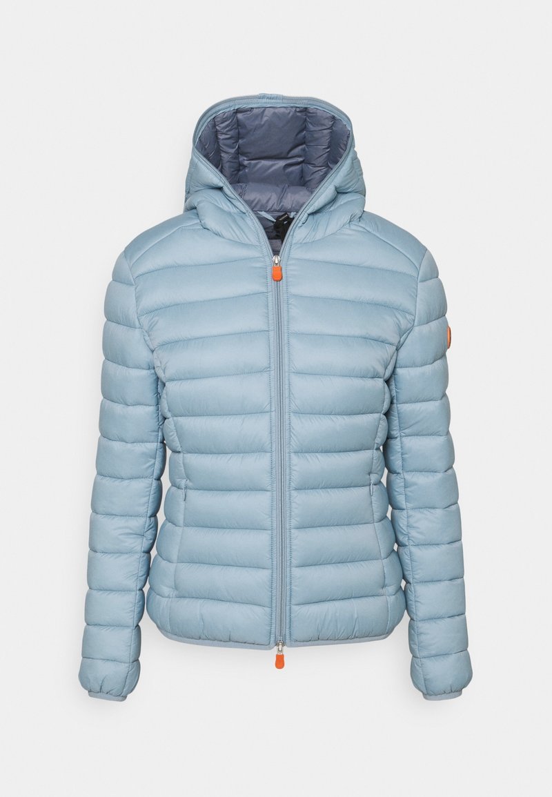 Light blue padded jacket with hood, front zipper with orange pulls, and elastic cuffs, displayed on a white background.