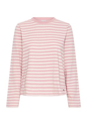 Cămașă cu mânecă lungă, guler rotund, cu dungi orizontale roz și albe, realizată dintr-un material moale, cu un stil simplu și casual.