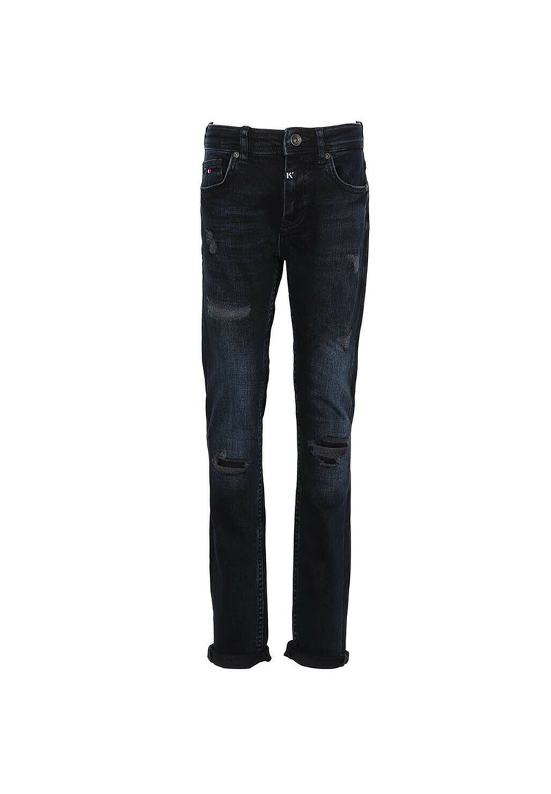 Jeans de mezclilla azul oscuro con corte recto, detalles desgastados con desgarros y dobladillos enrollados. Diseño estándar de cinco bolsillos y cierre de botón.