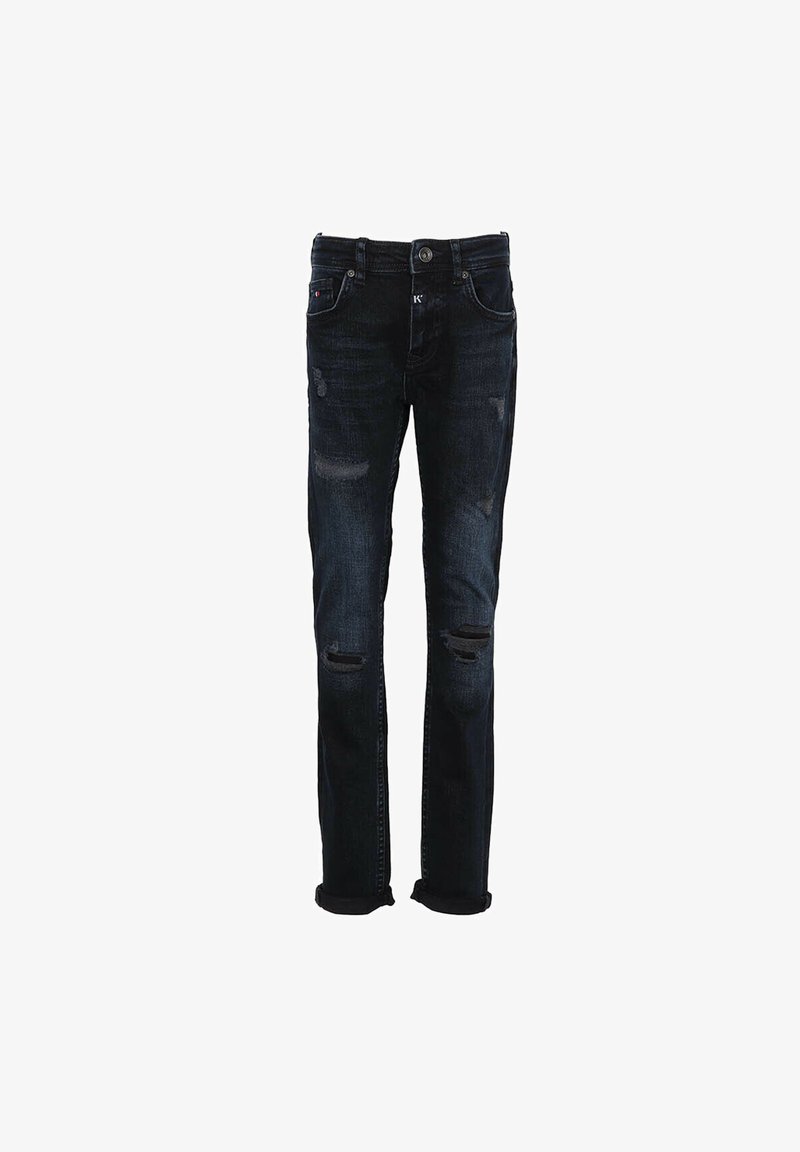 Jeans de mezclilla azul oscuro con corte recto, detalles desgastados con desgarros y dobladillos enrollados. Diseño estándar de cinco bolsillos y cierre de botón.