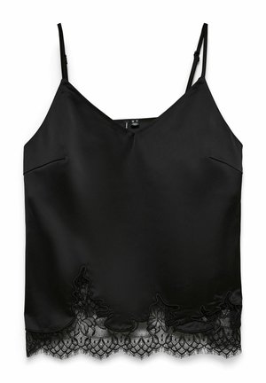 Svart sateng cami-top med justerbare tynne stropper og bølget blomsterblonde langs kanten.