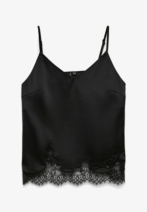 Svart sateng cami-top med justerbare tynne stropper og bølget blomsterblonde langs kanten.