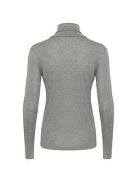 Grå långärmad polo med hög krage, mjuk textur och enkel design. Inga synliga mönster eller detaljer i metall.