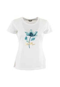 Camiseta de algodón blanca con un diseño floral azul y el texto dorado "Salsa Jeans" debajo del gráfico. Cuello redondo clásico, mangas cortas.