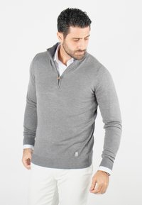 Sweater zippé gris avec une coupe ajustée, fabriqué dans un matériau doux. Présente un petit logo, des poignets côtelés et un col de chemise blanc visible en dessous.