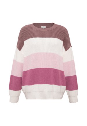 Knitted sweater with horizontal stripes in shades of mauve, pink, and cream; features a round neckline and loose fit.