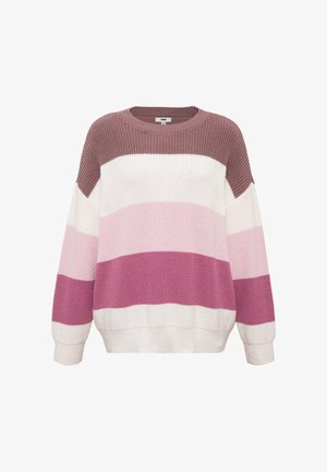 Knitted sweater with horizontal stripes in shades of mauve, pink, and cream; features a round neckline and loose fit.