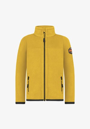 Gelbe Fleece-Jacke mit hohem Kragen, durchgehendem Reißverschluss, schwarzen Akzenten und Reißverschlüssen sowie einem Patch auf der linken Schulter.