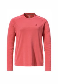 Langärmliges Hemd in Koralle, aus einem weichen Stoff gefertigt. Verfügt über einen Rundhalsausschnitt, eine glatte Textur und ein dezentes Muster auf den Ärmeln.