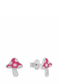 Orecchini a forma di fungo in argento con smalto rosa e pois bianchi, dotati di uno stelo testurizzato e di una chiusura a spinta sicura.