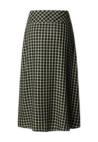 Gonna a scacchi bianco e nero, realizzata in tessuto morbido, con una vita aderente e una forma svasata, che mostra un motivo a griglia uniforme.