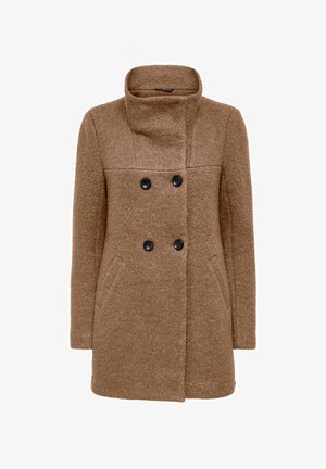 Brown wool blend coat with a high collar, double-breasted button closure, and two side pockets. Textured fabric with black buttons.