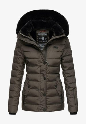 Padded green-brown jacket with a fur-lined hood, front zipper, snap buttons, and two side pockets; features quilted texture and logo detail.