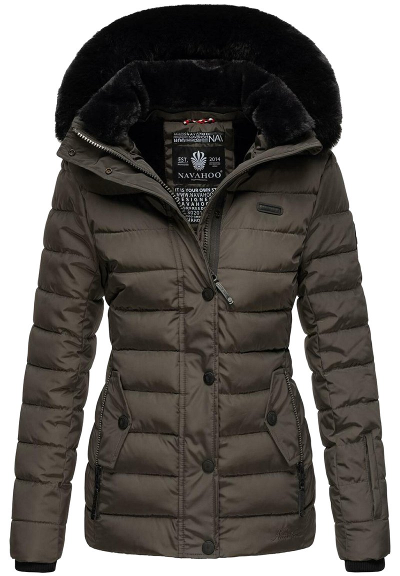 Padded green-brown jacket with a fur-lined hood, front zipper, snap buttons, and two side pockets; features quilted texture and logo detail.
