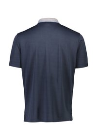 Mannen navy polo shirt met een gestructureerde stof, korte mouwen en een lichtgrijze kraag met een subtiele randafwerking.