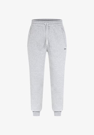 Pantalons de survêtement gris en tissu mélange de coton, avec une taille élastique dotée d'un cordon de serrage, des poches latérales et des chevilles resserrées.