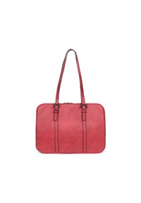 Rode leren tote bag met twee lange banden, rechthoekige vorm en zichtbare stiksels. Gladde textuur, minimale hardware-accenten.