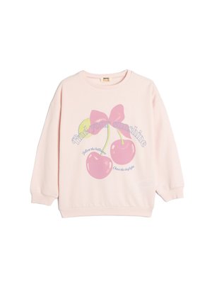 Lyserød bomulds sweatshirt med grafisk design af to kirsebær og en sløjfe, med blå tekst der omgiver designet. Lange ærmer og rund hals.