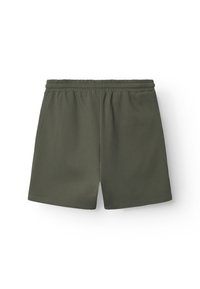 Dunkelgrüne Shorts mit elastischem Bund, strukturierter Stoff und lockerem Schnitt. Keine sichtbaren Taschen oder weitere Details.