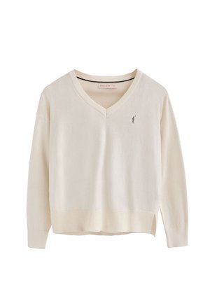 V-neck cream sweater made of soft fabric, featuring long sleeves and a small logo accent on the chest. Subtle textural detailing at hem.