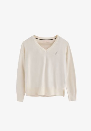 Crème V-hals trui van zacht materiaal, met lange mouwen en een klein logo-accent op de borst. Subtiele textuur-details aan de zoom.
