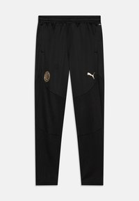 Zwarte sportbroek met een gemêleerd ontwerp, voorzien van een gouden Puma-logo en het AC Milan-embleem, elastische tailleband en een taps toelopende pasvorm.
