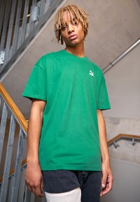 Grøn bomulds T-shirt med rund halsudskæring, korte ærmer og et lille hvidt logo på venstre bryst. Stoffet virker glat og let.