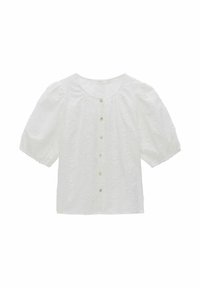 Witte blouse met geborduurde bloemenpatronen, korte pofmouwen, ronde halslijn en een knopen sluiting aan de voorkant. Zachte katoenstructuur.