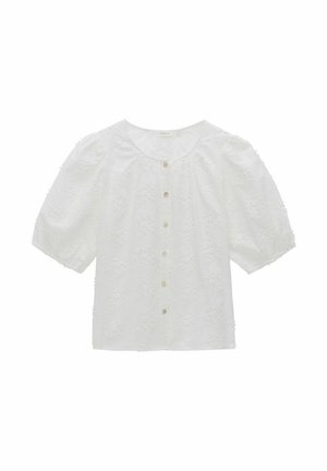 Vit blus med broderade blommönster, korta puffärmar, rund halsringning och knappstängning framtill. Mjuk bomullstextur.