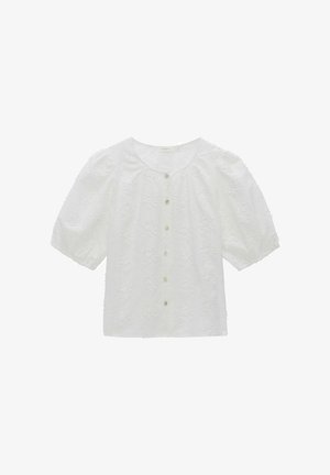 Vit blus med broderade blommönster, korta puffärmar, rund halsringning och knappstängning framtill. Mjuk bomullstextur.