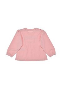 Maglietta rosa chiaro a maniche lunghe con spalle a sbuffo arricciate, scollatura tonda e polsini elasticizzati. Tessuto morbido con una leggera texture.