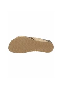 Suela de sandalia con un diseño de goma texturizado en forma de ondas en color marrón. La parte superior tiene detalles de acentos tejidos en color natural.