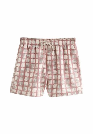 Costumi da bagno estampati in rosa con design geometrici bianchi, dotati di una vita elastica e coulisse per una vestibilità regolabile.