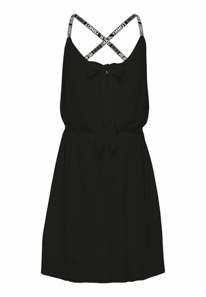 Abito nero senza maniche con un nodo frontale, vita elastica e spalline incrociate a contrasto con testo bianco di marca.