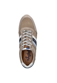 Beige suède en mesh sneaker met witte, blauwe en grijze strepen, ronde neus en witte veters. Bruine binnenkant met branding op de binnenzool.