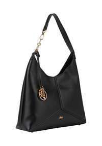 Sac à main en cuir noir avec un design triangulaire, doté d'une bandoulière en chaîne dorée, d'un anneau d'accent et d'un détail de logo à la base. Texture lisse.