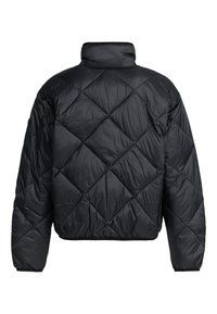 Black puffer jacket with a cropped design, featuring a high collar, diamond quilted pattern, and elastic cuffs. Smooth, shiny fabric.