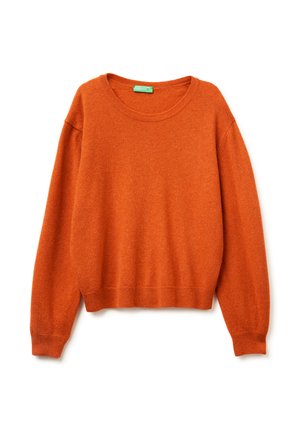 Orange sweater made of soft fabric, featuring a round neckline, long sleeves, and a relaxed fit with ribbed cuffs and hem.