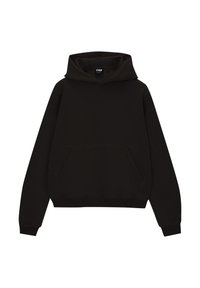 Sweat à capuche noir avec poche avant et manches longues, présenté sur un fond blanc uni.