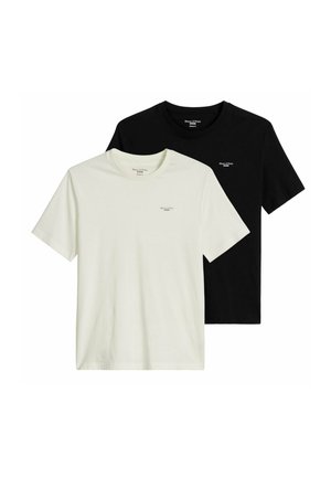 Zwei gefaltete T-Shirts mit kurzen Ärmeln und Rundhalsausschnitt, eines in Off-White und eines in Schwarz, mit kleinen „Marc O'Polo Denim“-Logos auf der linken Brust.