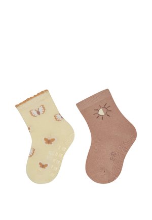 Two pairs of socks: one yellow with butterfly patterns and a frilled top; the other brown with a sun design. Both are made of soft fabric.