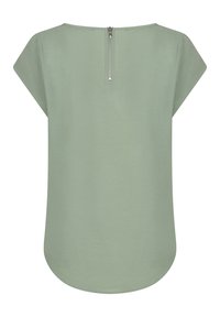 Blouse vert menthe avec des manches courtes, col rond et une fermeture éclair métallique visible au dos. Tissu lisse et léger avec un ourlet incurvé.