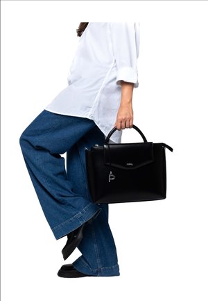 Black leather handbag with a structured shape, a top handle, and a front flap. Features silver hardware and a keychain accent.