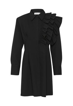 Rochie neagră, cu un decolteu cu nasturi la față, mâneci lungi și detaliu volan pe o umăr. Fabricată dintr-un material neted, cu o croială ajustată.