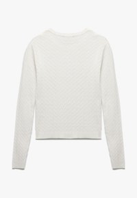 Weißer Strickpullover mit einem cropped Design, langen Ärmeln und einem gerippten Ausschnitt. Weicher Stoff mit einem erhabenen Muster über den gesamten Stoff.