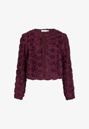 Bordeaux cropped jack met rozen appliqué, lange mouwen en een sluiting met strik aan de voorkant. Zachte textuur, bloemenpatroon en een ontspannen pasvorm.