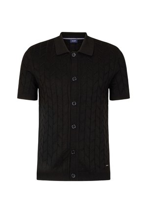 Schwarze kurzärmelige Strickjacke aus strukturiertem Strick mit einem Rautenmuster, ausgestattet mit einem spitzen Kragen und sechs Knöpfen auf der Vorderseite.