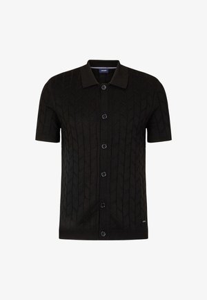 Cardigan nero a maniche corte realizzato in maglia testurizzata con motivo a rombo, con colletto appuntito e sei bottoni sul davanti.